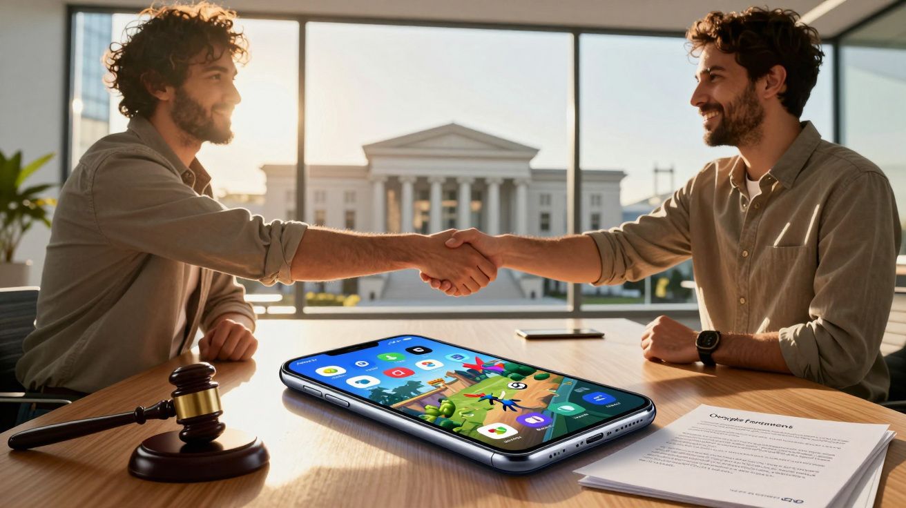 Dois homens sorridentes apertando as mãos em escritório com martelo de juiz, celular e documento na mesa.