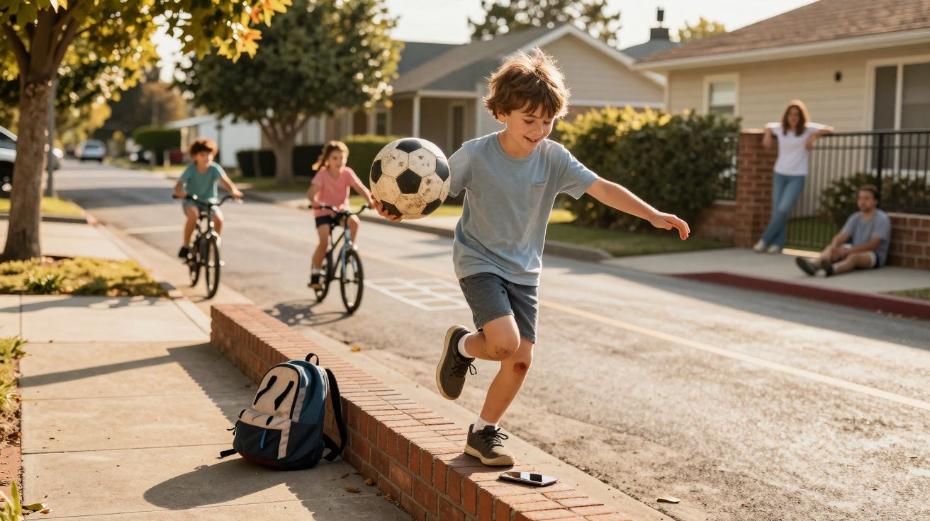 Menino segurando bola de futebol brinca na calçada enquanto duas crianças andam de bicicleta na rua residencial ensolarada.