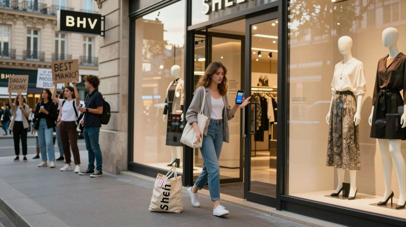 Mulher com sacola passa em frente a loja de roupas enquanto manifestantes protestam na rua ao fundo.