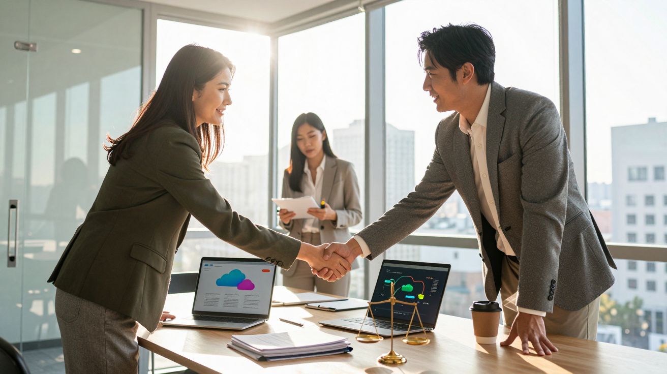Duas pessoas apertando as mãos em escritório com laptops e outra pessoa ao fundo lendo documentos.