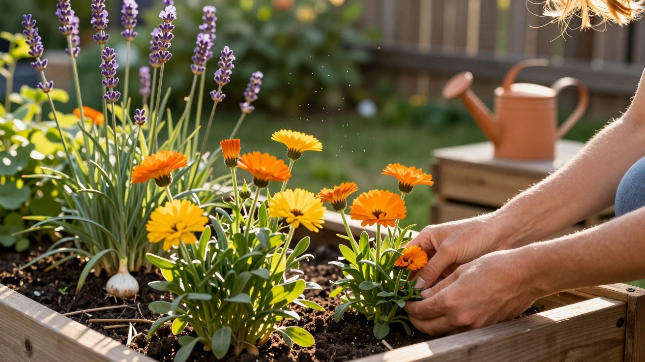 Pessoa cuidando de flores amarelas e laranjas em canteiro de madeira em jardim ensolarado.