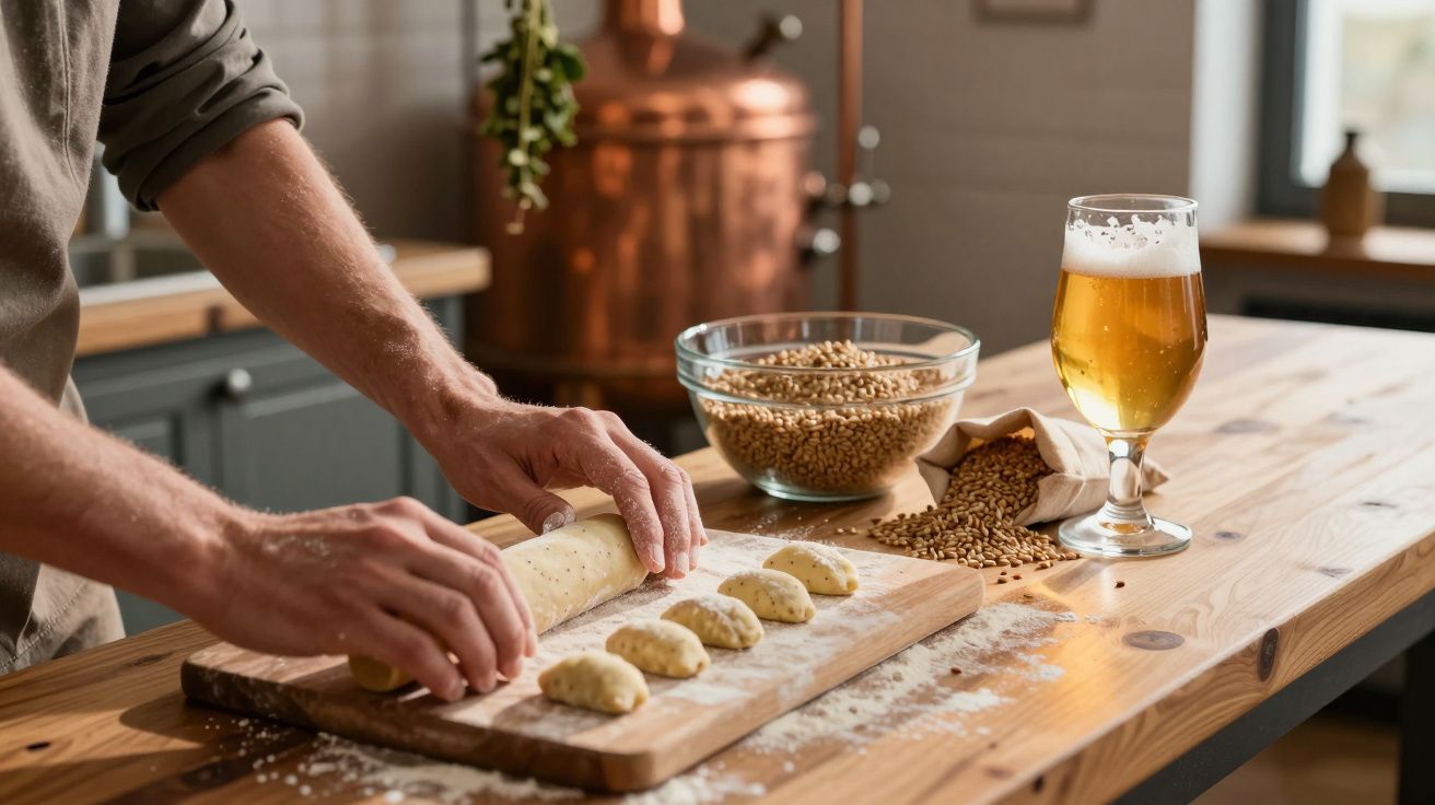 Pessoa preparando bolinhos de massa em tábua de madeira com cevada e copo de cerveja à direita.
