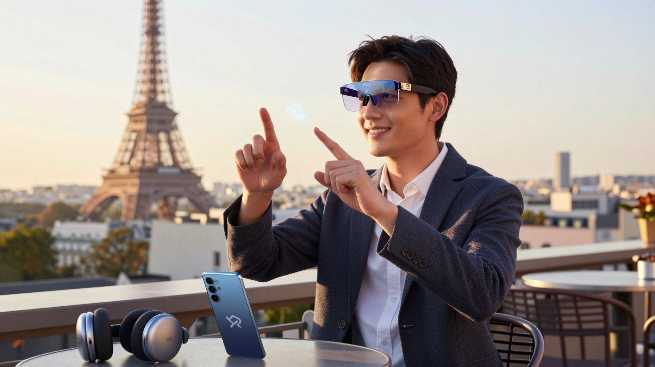 Homem usando óculos de realidade aumentada com Torre Eiffel ao fundo em mesa com celular e fone.