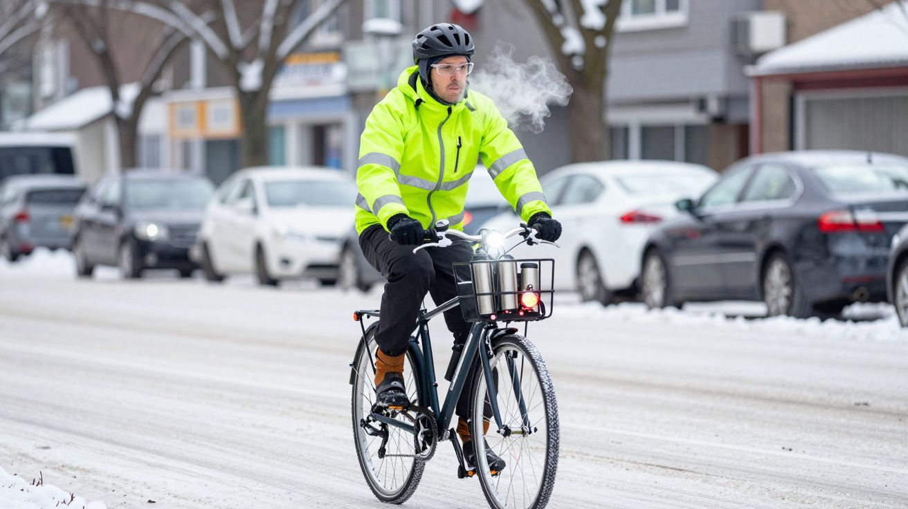Homem com jaqueta fluorescente e capacete andando de bicicleta em rua coberta de neve com carros estacionados.