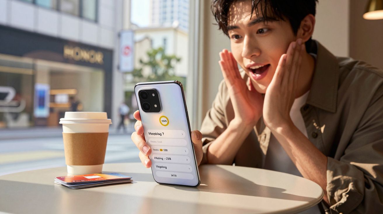 Jovem surpreso olhando para smartphone apoiado na mesa com café e cartão ao lado.