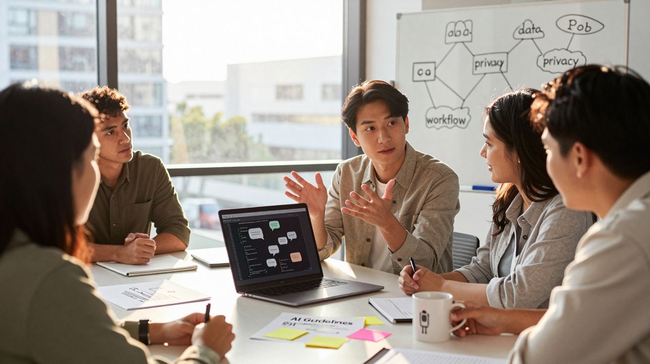 Grupo de jovens em reunião de trabalho com laptop e quadro branco ao fundo em ambiente iluminado por luz natural.