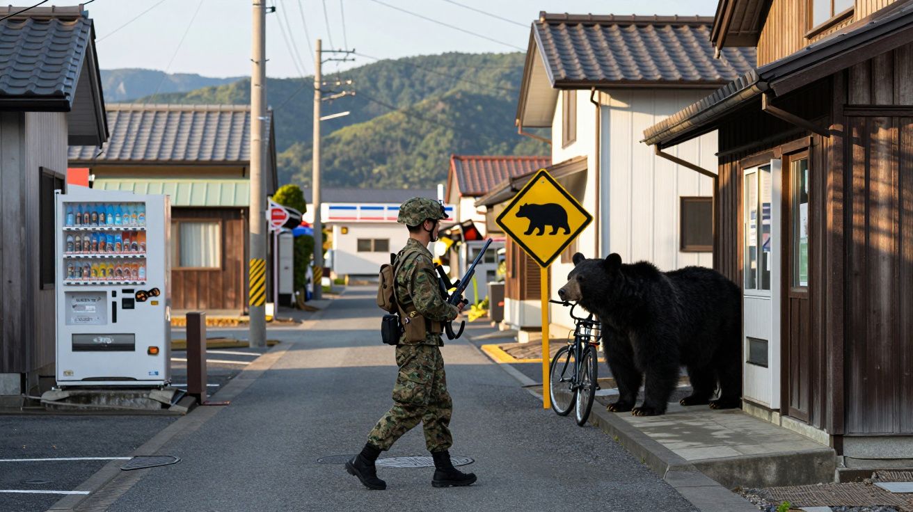 Soldado observa urso na calçada de uma rua residencial com placas de alerta de urso ao fundo.