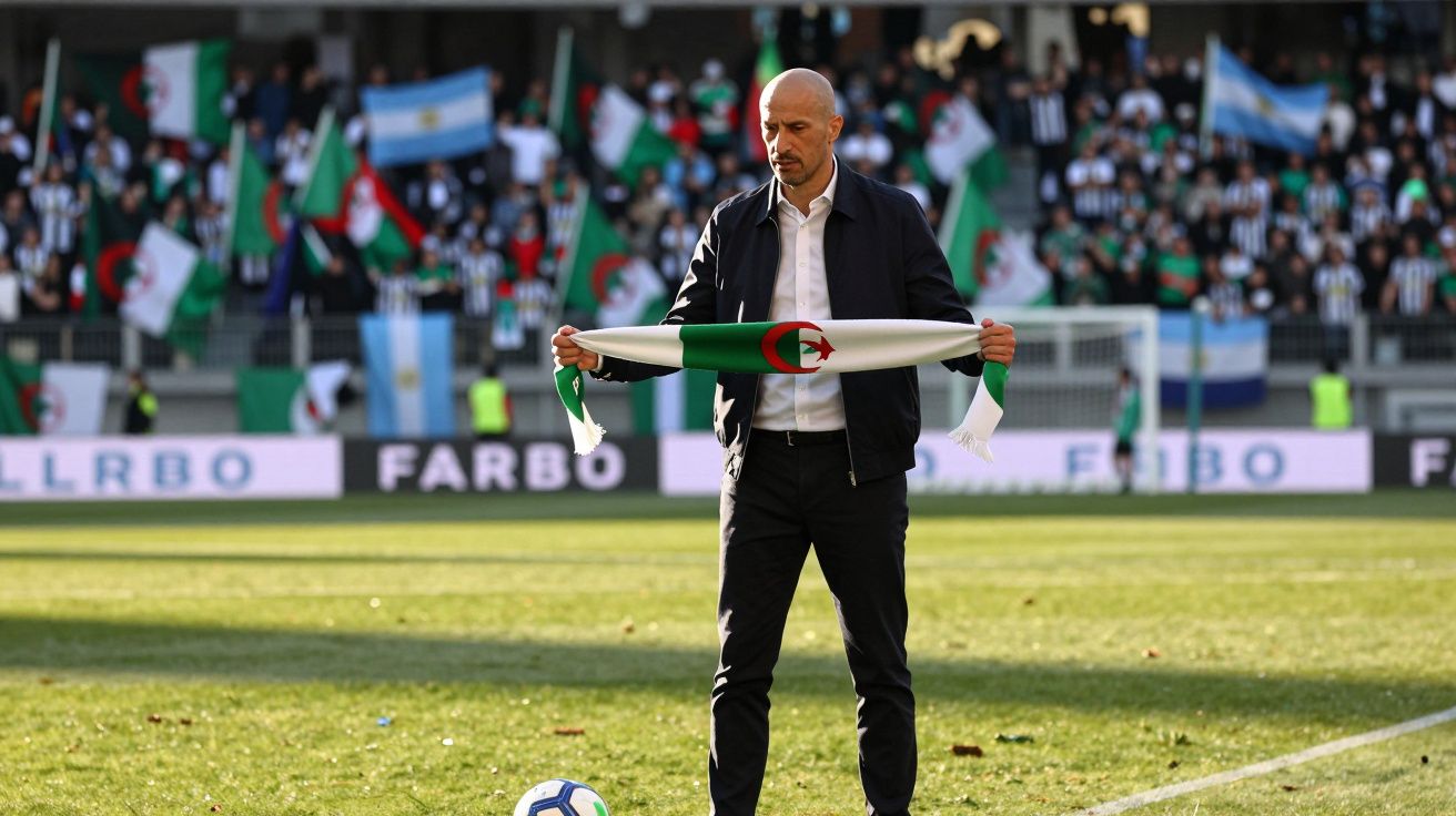 Homem em campo de futebol segurando cachecol da Argélia com torcida e bandeiras ao fundo.