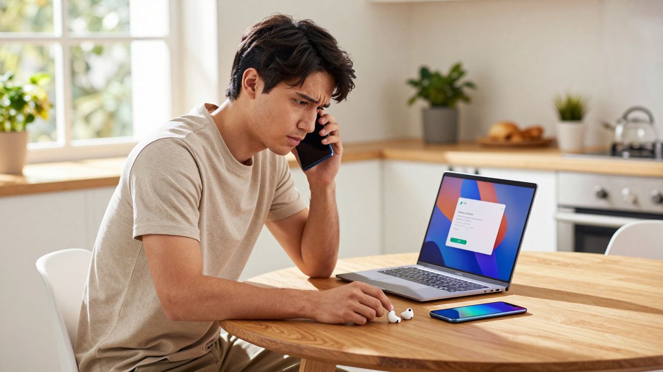 Homem preocupado conversando ao telefone com notebook e celular sobre mesa em cozinha iluminada