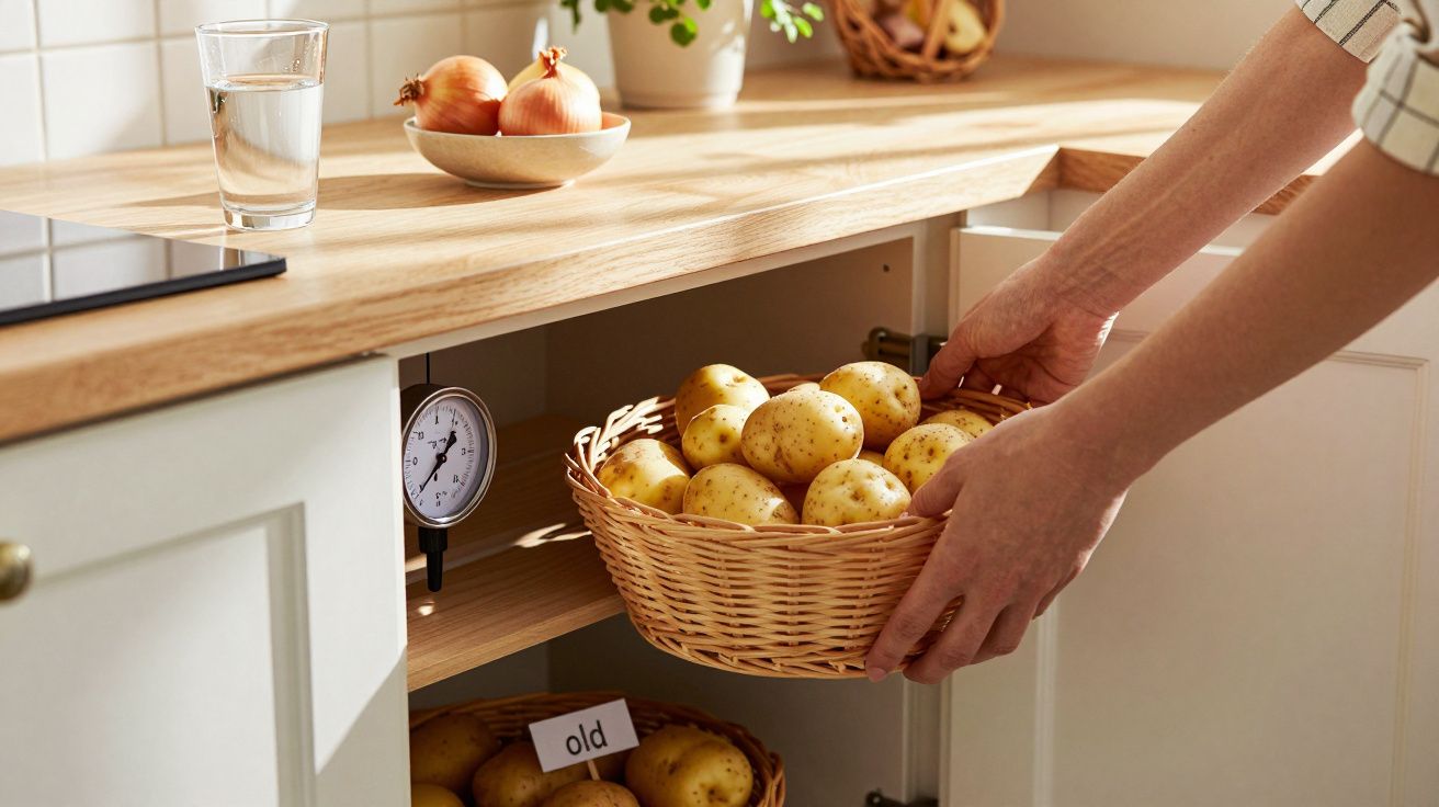 Pessoa guardando cesto com batatas em armário de cozinha com termômetro interno e cebolas à vista na bancada.