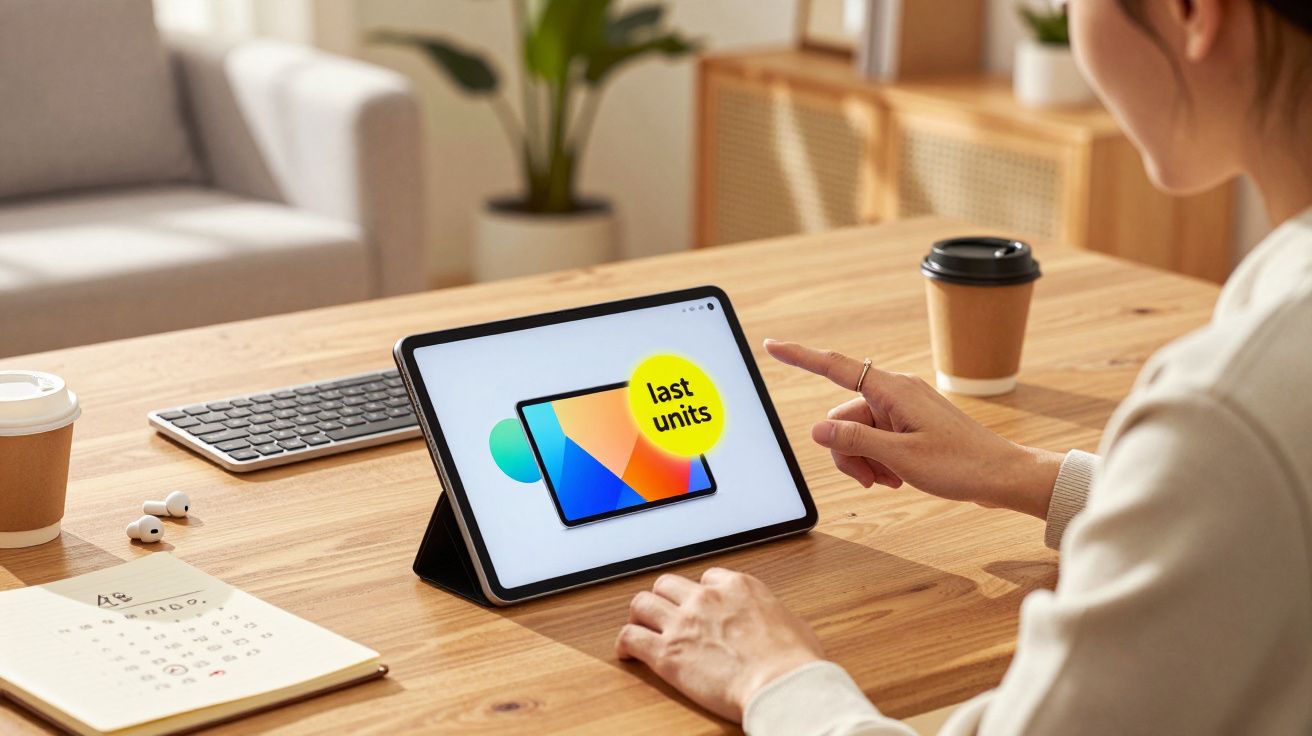 Pessoa interagindo com tablet em suporte sobre mesa de madeira em ambiente claro e organizado.