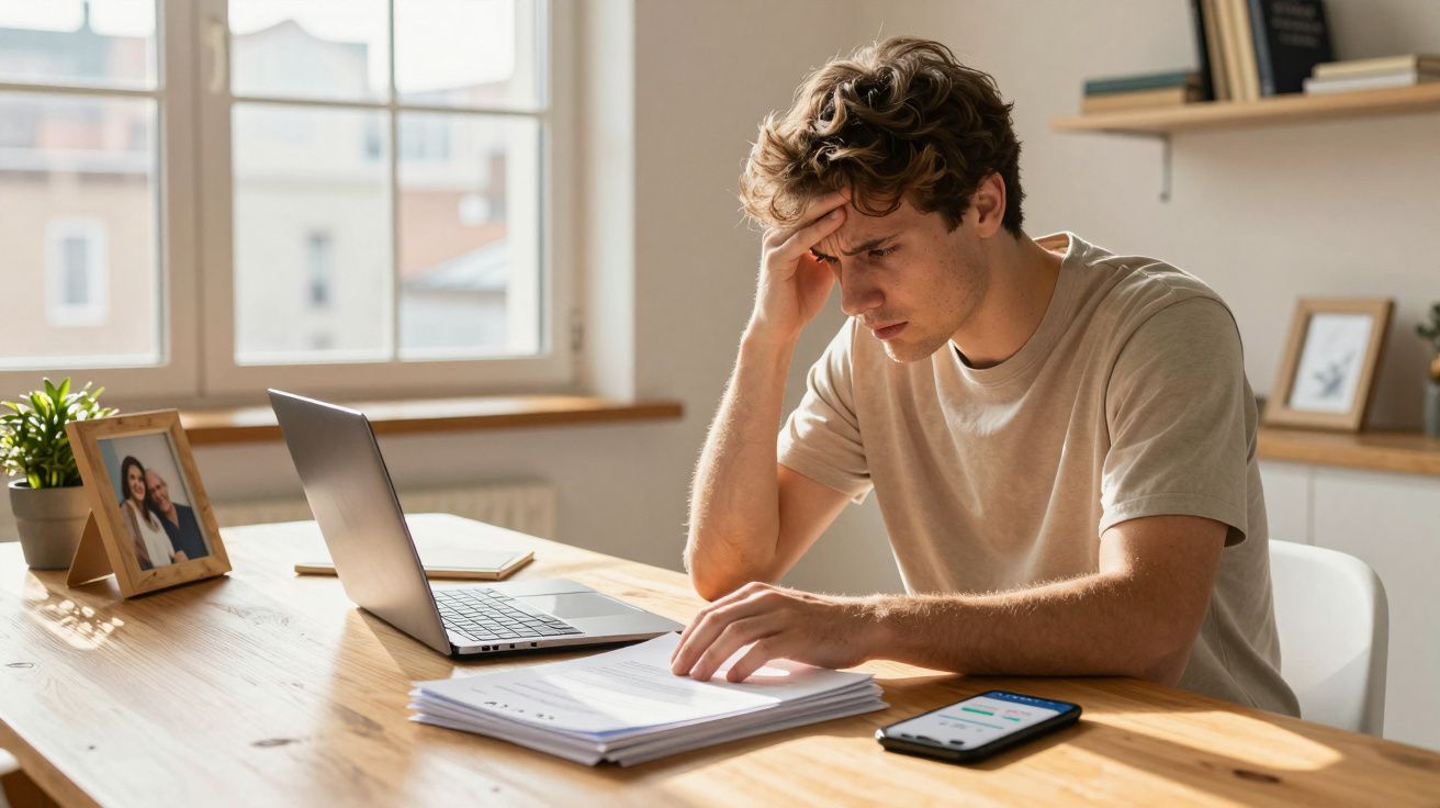 Homem jovem preocupado lendo documentos à mesa com laptop e celular em ambiente iluminado natural.