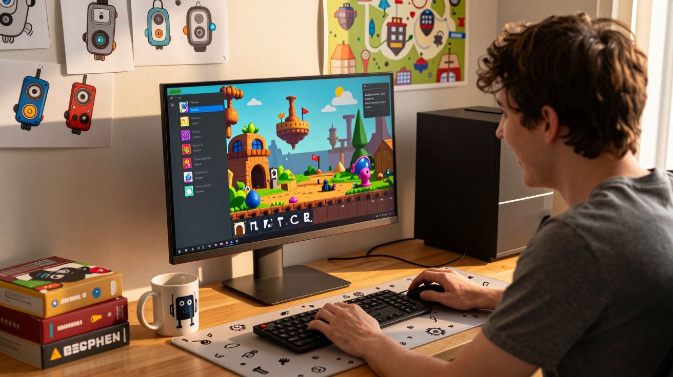 Jovem sentado em mesa, interagindo com jogo de computador colorido em ambiente criativo e decorado com robôs.