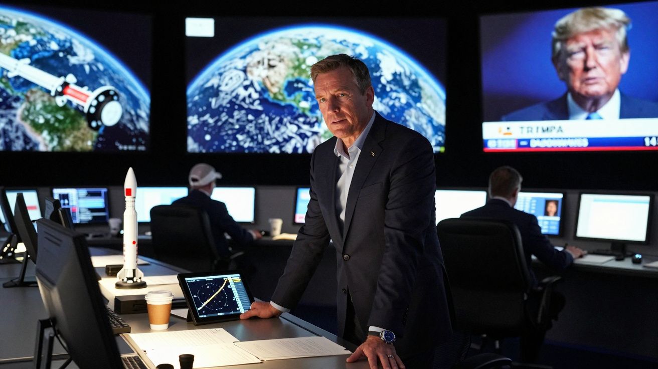 Homem em terno em sala de controle com mapas da Terra e imagem de Donald Trump em telas ao fundo.