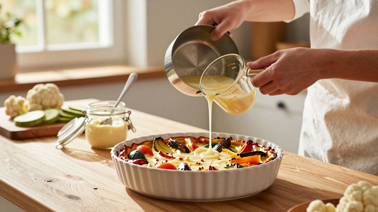 Pessoa despejando mistura cremosa sobre torta de legumes assada em forma branca na cozinha iluminada.