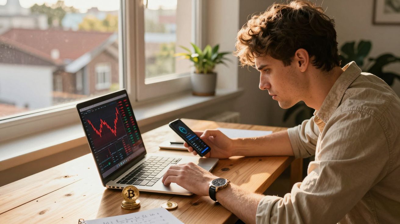Homem jovem sentado à mesa com computador e celular, analisando gráficos financeiros e criptomoedas.