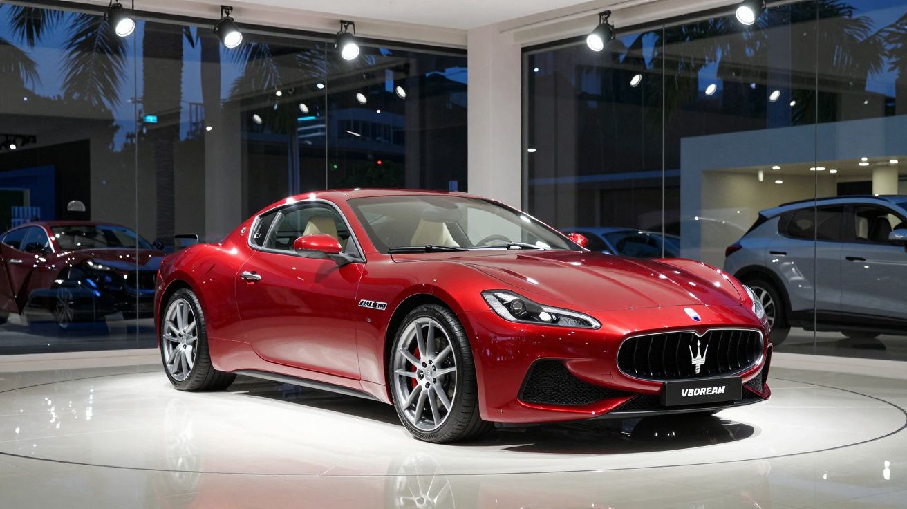 Carro esportivo Maserati vermelho exposto em showroom moderno com piso branco e luzes de teto.
