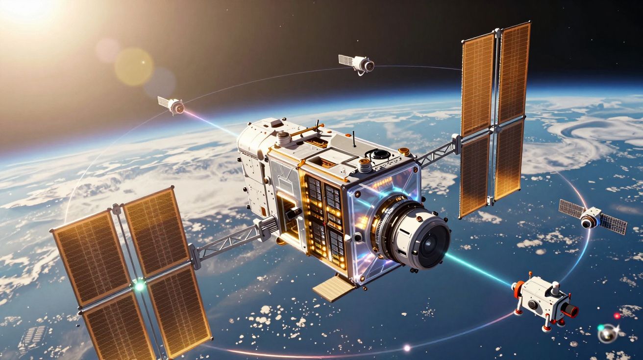 Satélite com painéis solares e câmeras orbitando a Terra, transmitindo sinais luminosos no espaço.