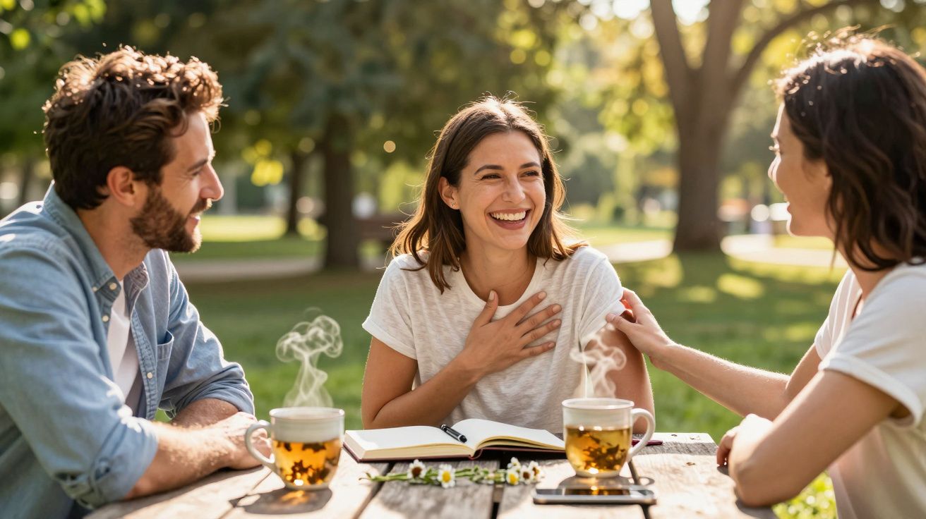 Três amigos sorrindo e conversando ao ar livre com chá quente em uma mesa de madeira.
