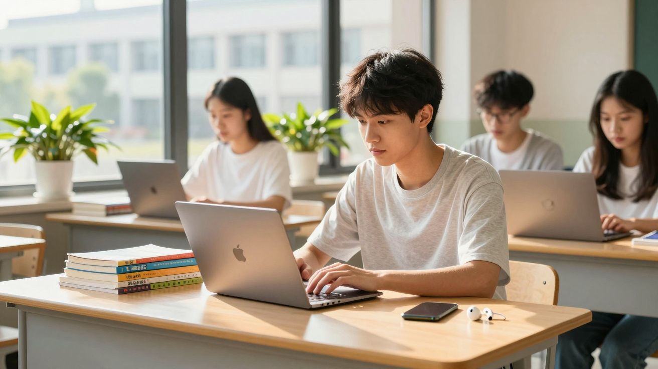 Jovem estudante usando laptop em sala de aula com outros estudantes ao fundo e livros na mesa.