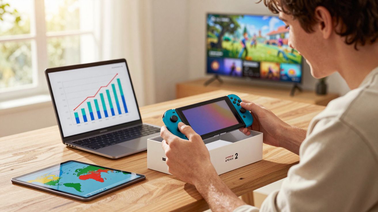 Pessoa segurando console de videogame Nintendo Switch, com laptop e tablet em mesa ao fundo.