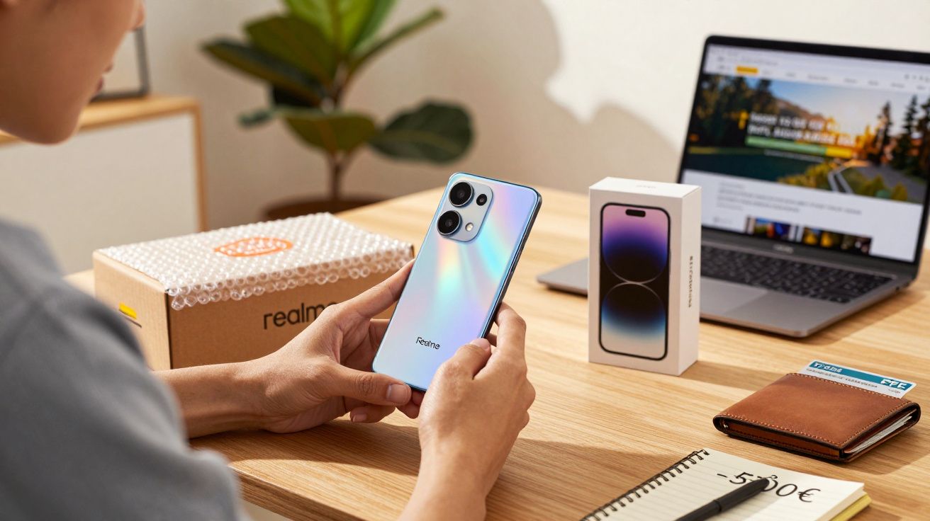 Pessoa segurando smartphone Realme sobre mesa com caixa, celular novo, notebook e caderno com anotações.