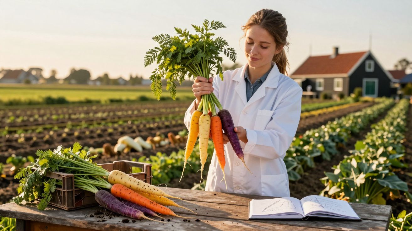 Mulher com jaleco branco segura e analisa cenouras coloridas em campo agrícola com plantas e casa ao fundo.
