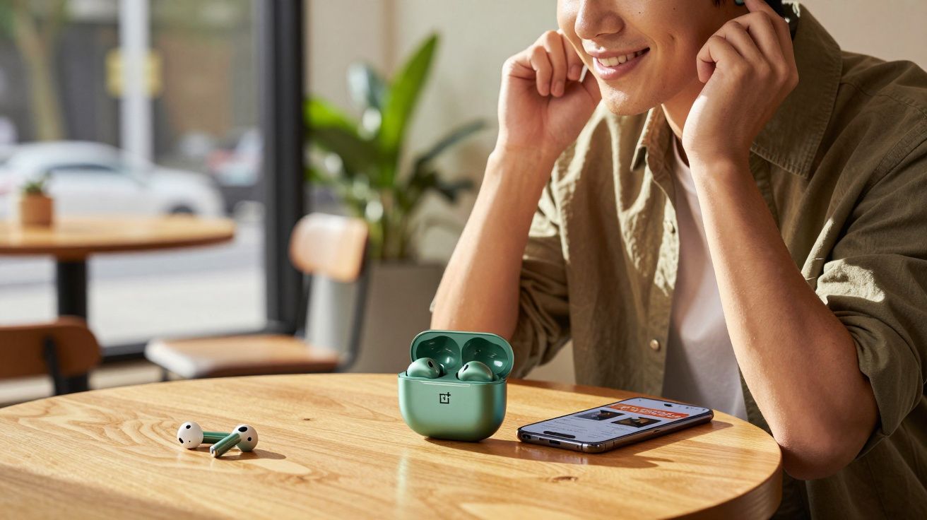 Pessoa sorrindo enquanto conecta fone de ouvido sem fio verde perto de smartphone em mesa de madeira.