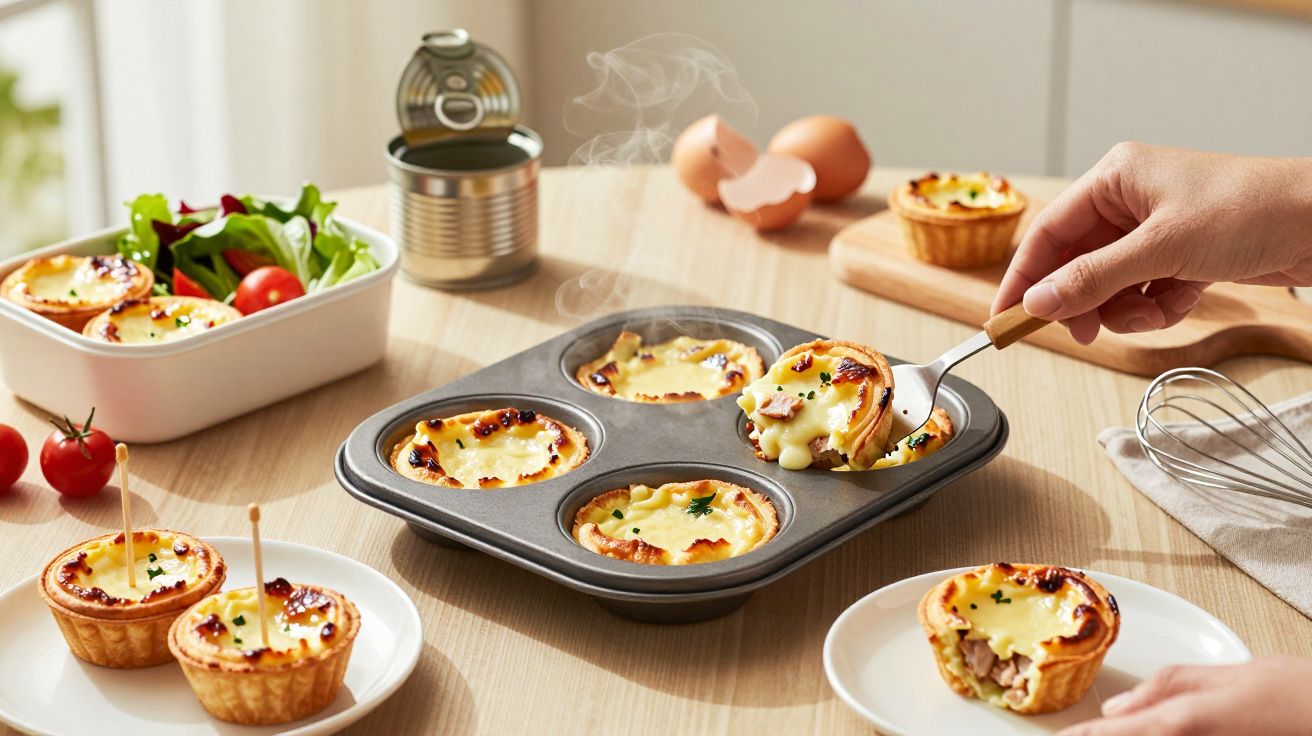 Quatro quiches quentes em forma metálica, sendo uma retirada com espátula, em mesa com salada e ingredientes.