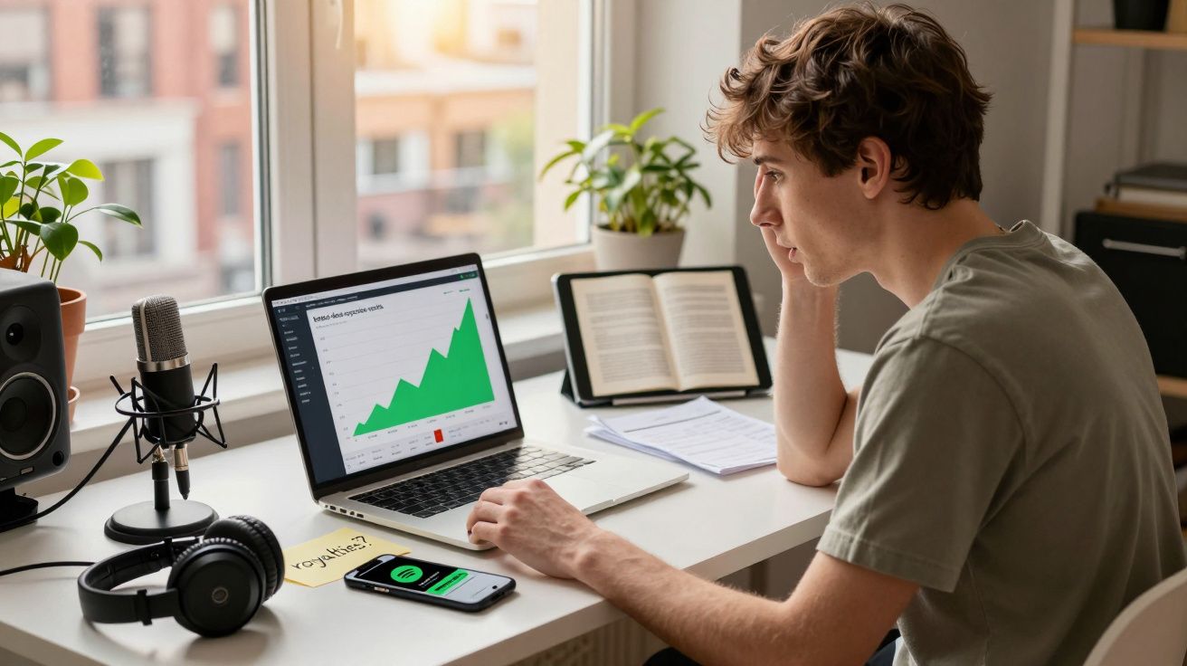 Jovem analisando gráfico de crescimento em laptop, sentado em mesa com microfone, fone e smartphone.