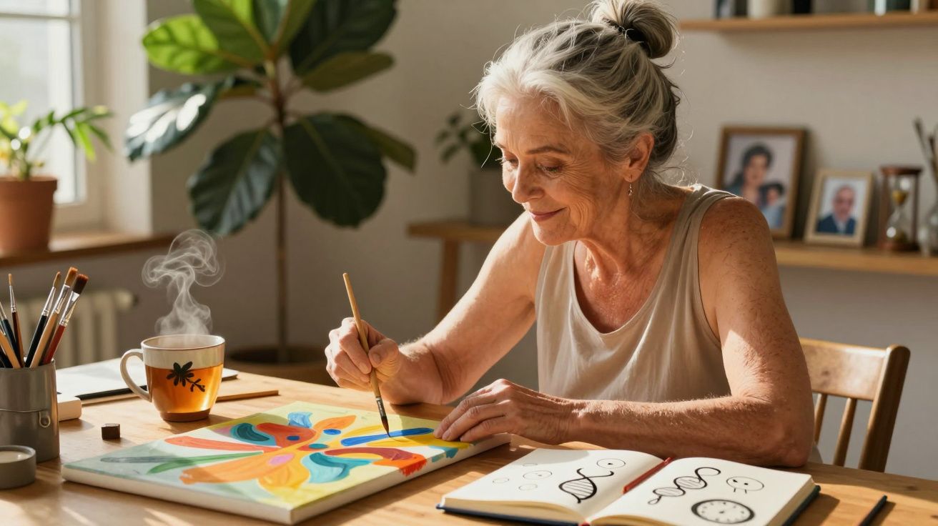 Idosa pintando uma tela colorida em uma mesa com pincéis, xícara de chá e caderno aberto.