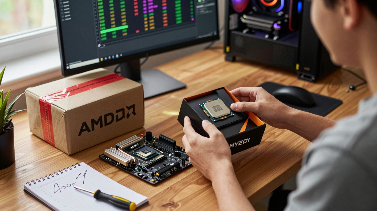 Pessoa segurando processador AMD Ryzen, placa-mãe na mesa com caixa e monitor ao fundo.