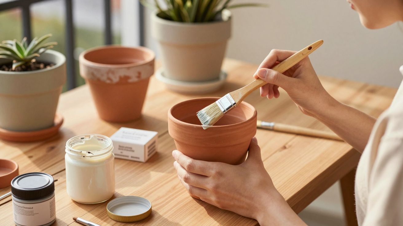 Pessoa pintando vaso de barro com pincel em mesa com outros vasos e potes de tinta.