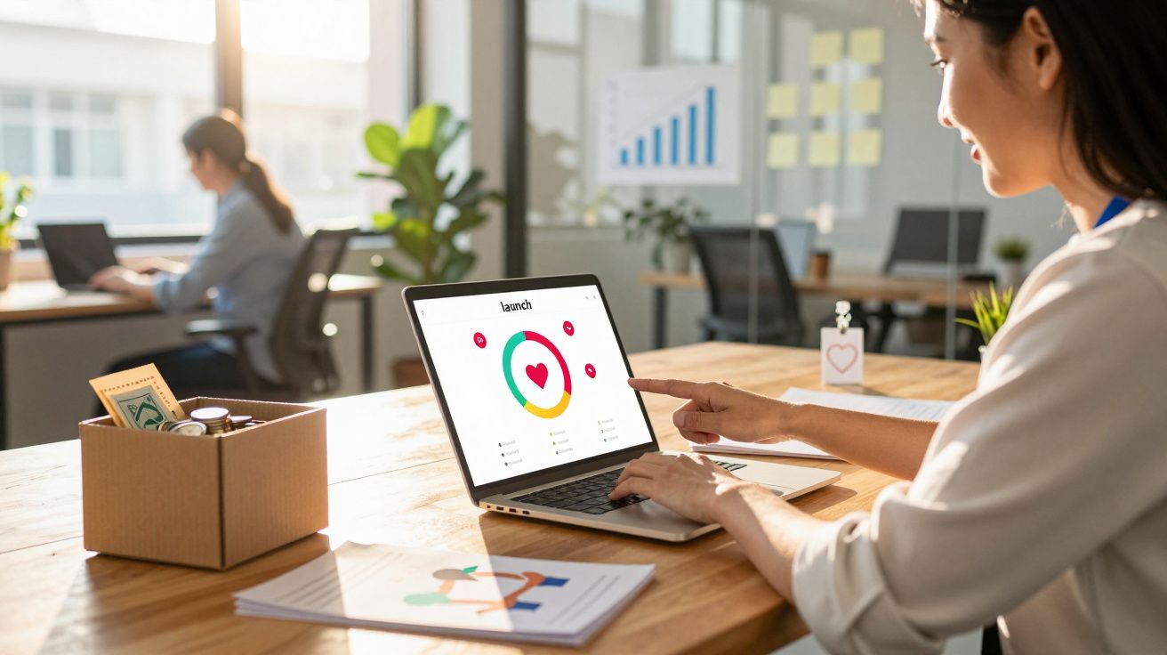 Mulher usando laptop com gráfico circular e ícone de coração em ambiente de escritório moderno.