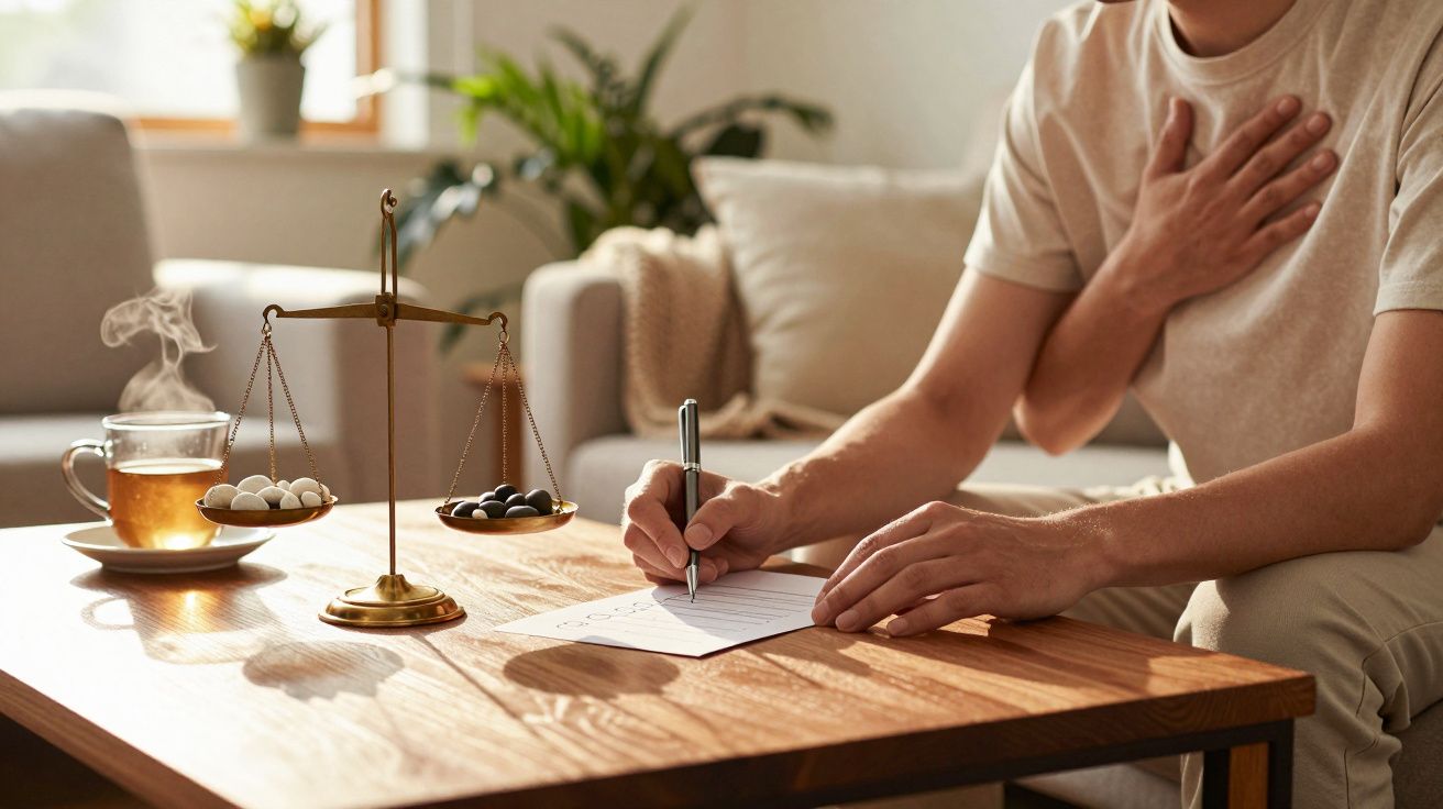 Pessoa preenchendo formulário de alergia, com balança de comparação entre alérgenos e chá na mesa.