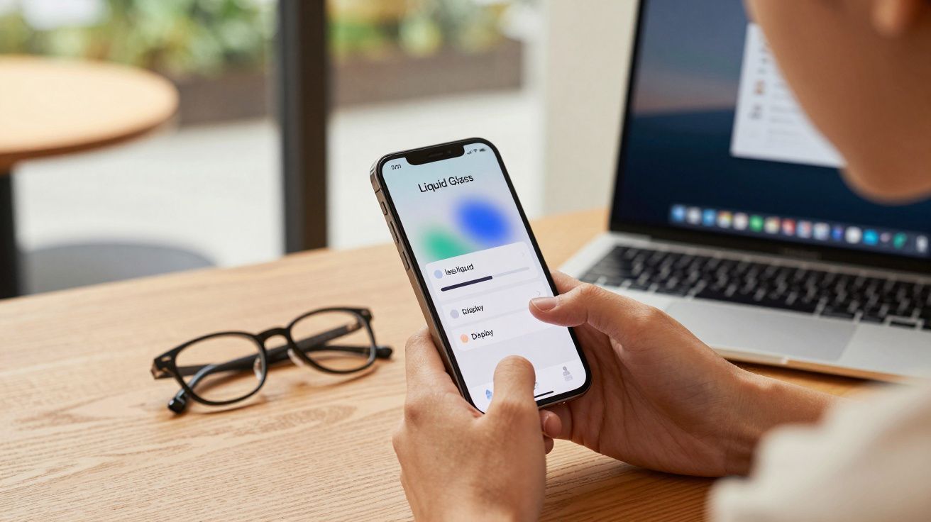 Pessoa segurando smartphone com aplicativo aberto, óculos e notebook sobre mesa de madeira clara.