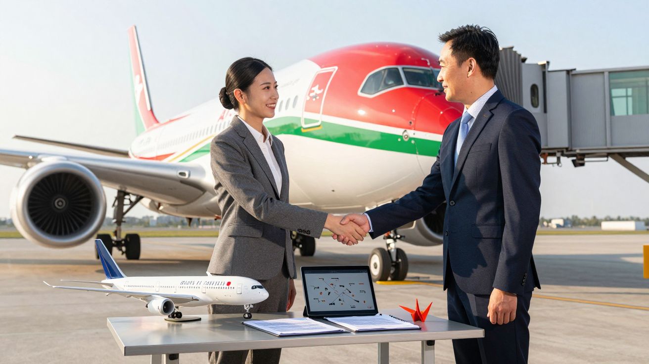 Dois executivos se cumprimentam em frente a um avião no aeroporto com maquete e laptop em mesa.