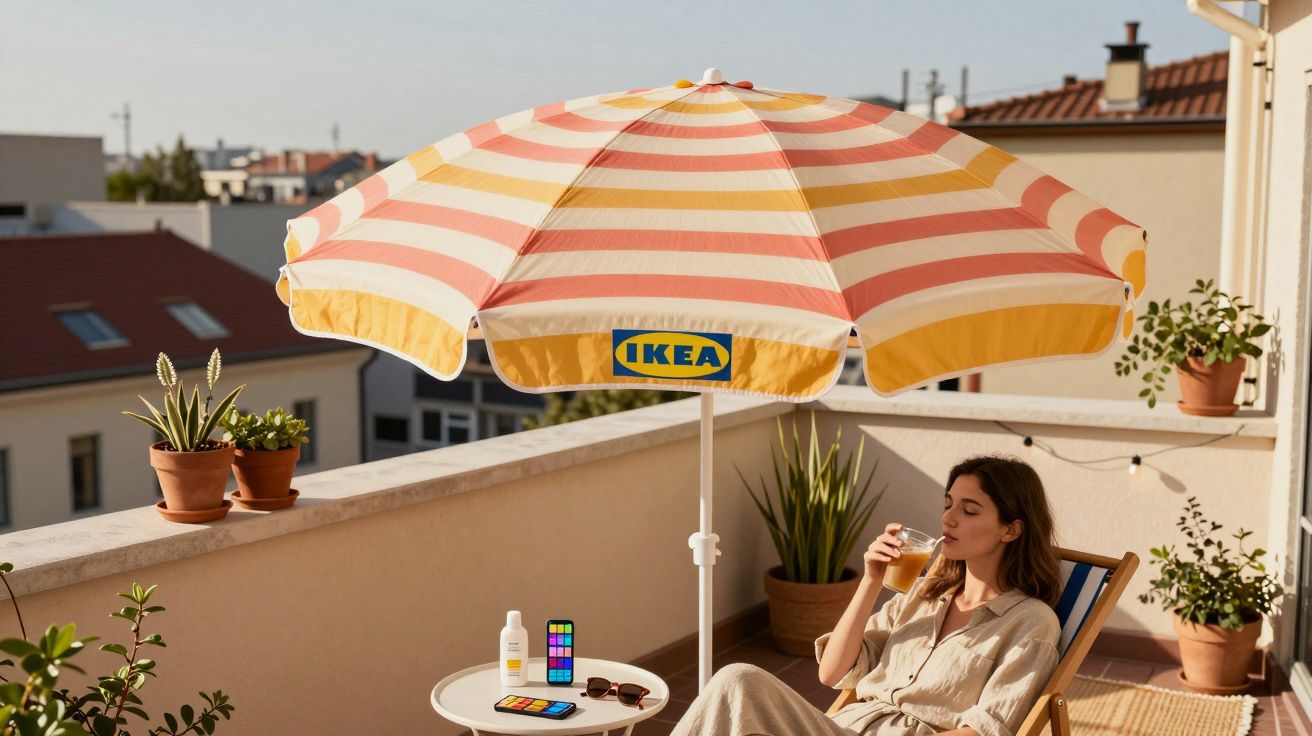 Mulher relaxando com bebida sob guarda-sol listrado laranja em sacada com plantas e mesa branca.