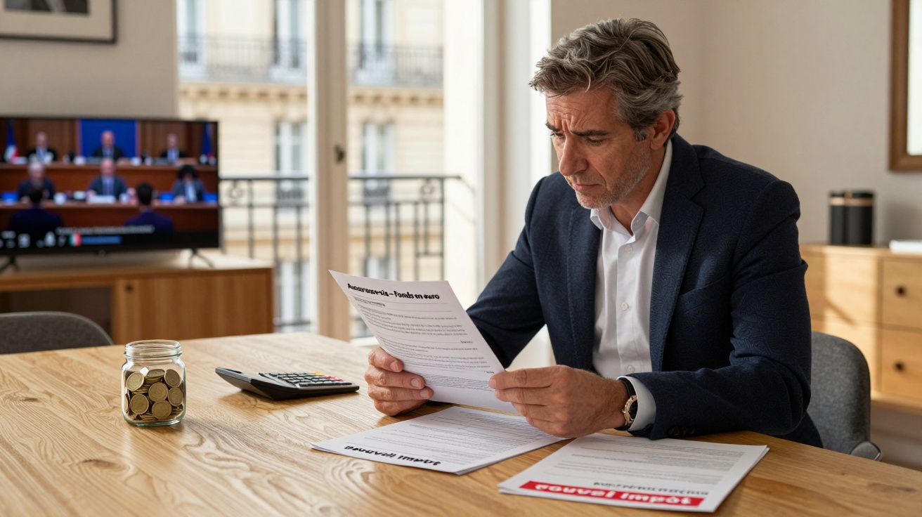 Homem de terno analisando documentos financeiros em mesa com cofrinho e calculadora, sala iluminada.