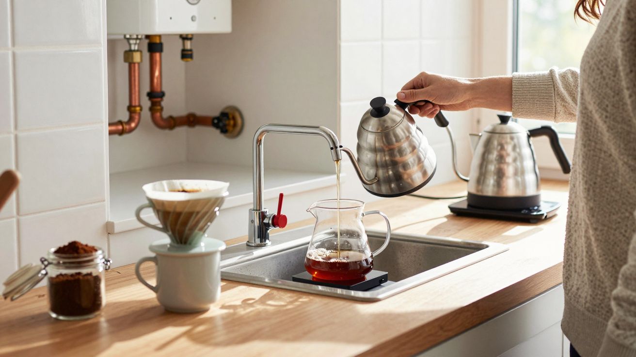 Pessoa preparando café coado com chaleira de metal em bancada de cozinha iluminada.