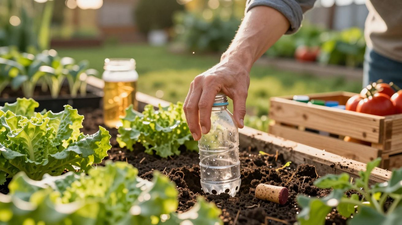 Pessoa plantando sementes na terra em horta com alface e tomates ao fundo à luz do dia.