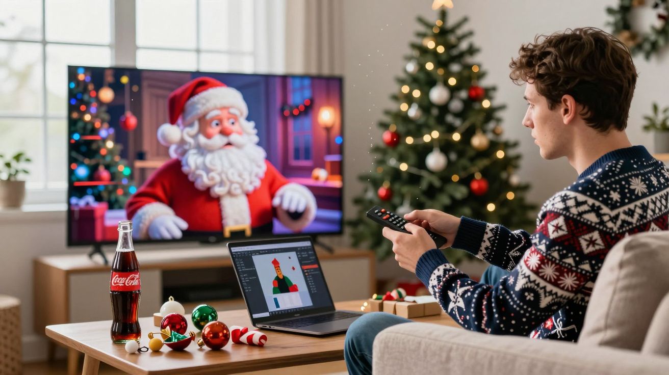 Jovem com suéter natalino segura controle remoto vendo desenho do Papai Noel na TV, com árvore de Natal decorada ao fundo.
