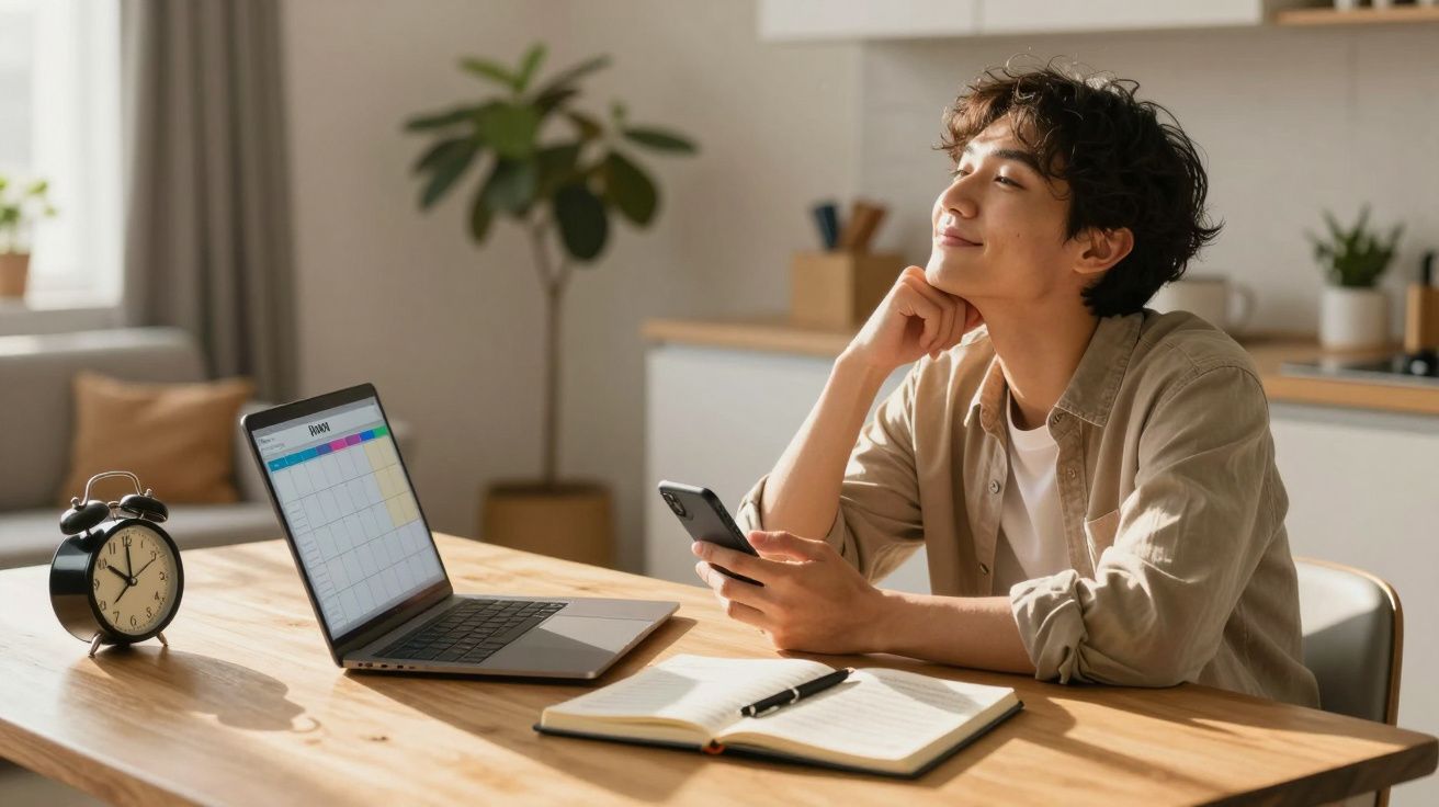 Jovem sentado à mesa com celular, notebook aberto na página de calendário, caderno e relógio despertador.
