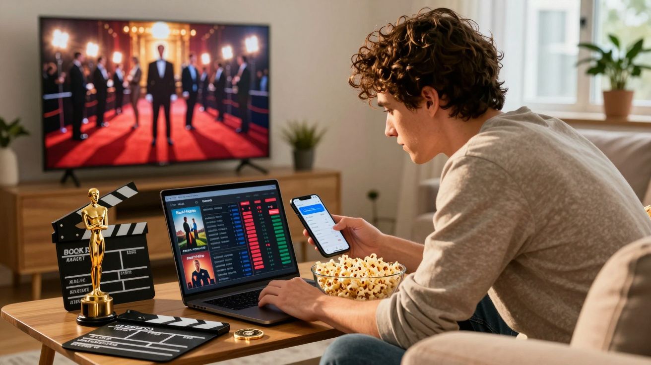Jovem sentado no sofá com laptop, celular e bowl de pipoca assistindo cerimônia de premiação na TV.