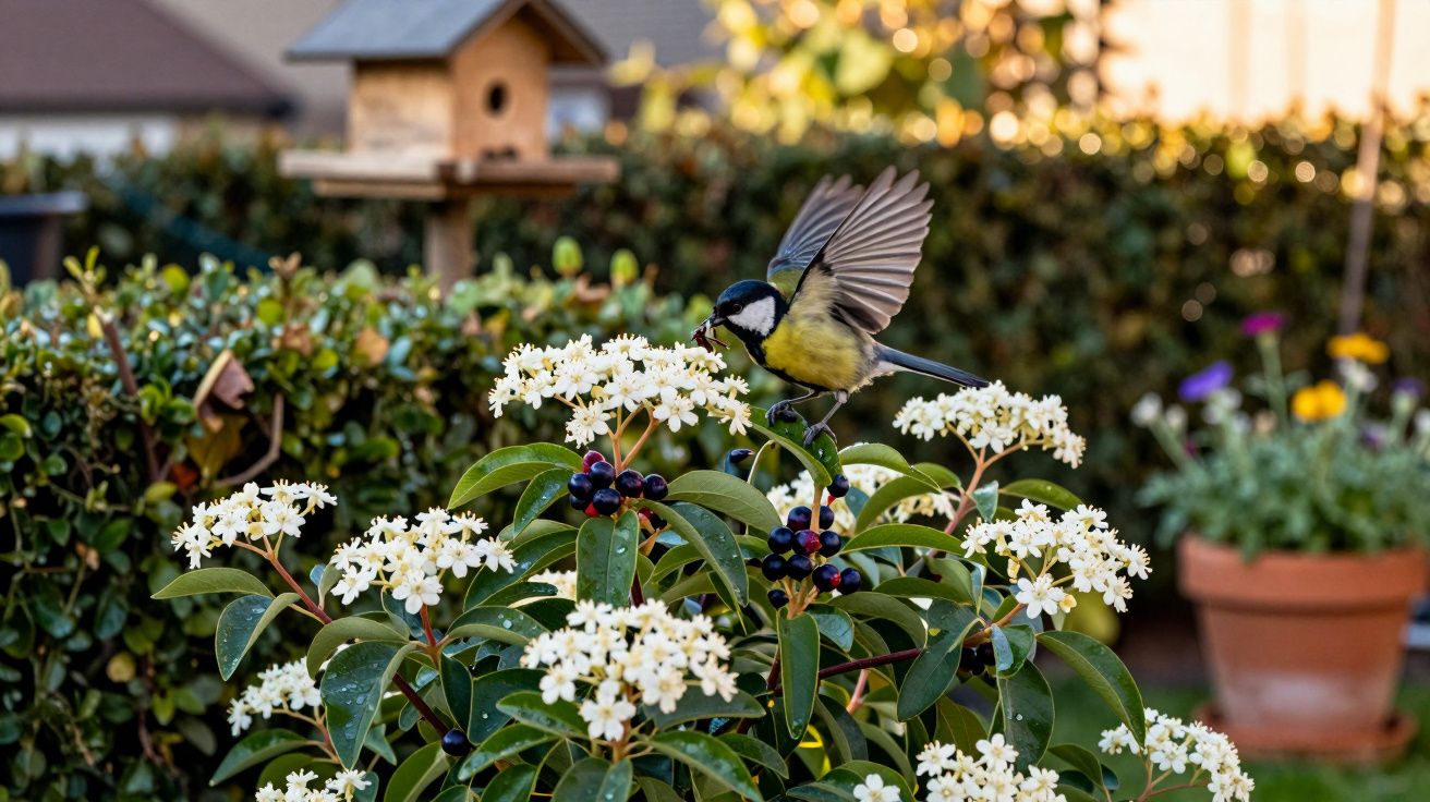Pássaro sobre flor branca em planta com bagas roxas em jardim com casa ao fundo.