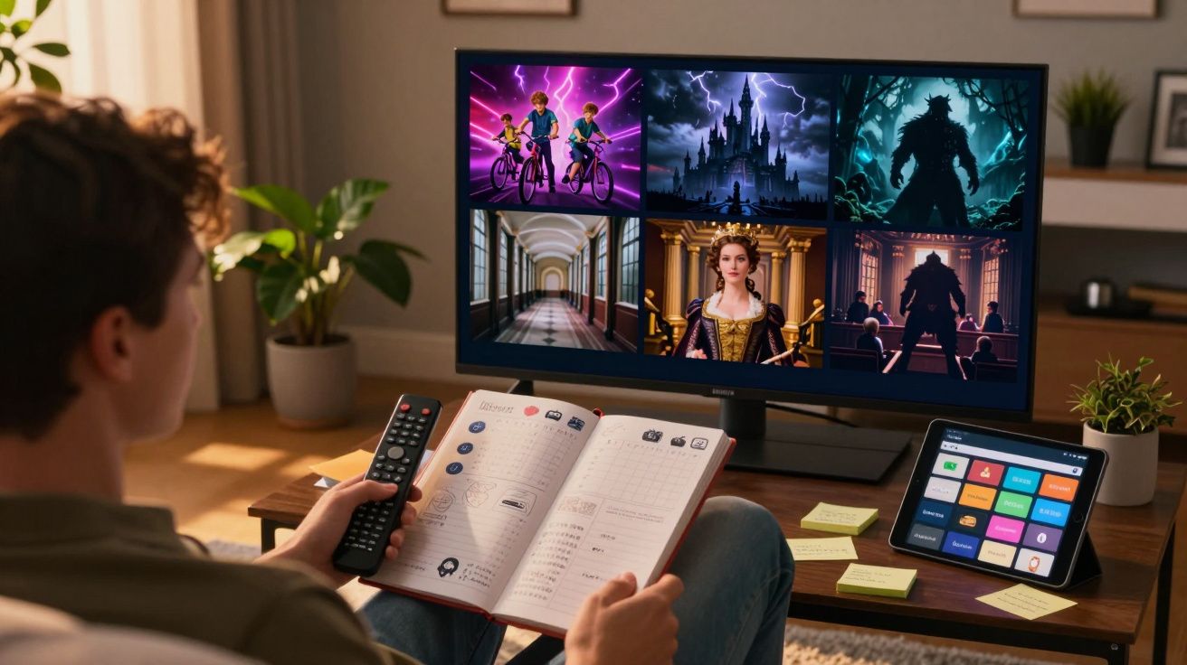 Pessoa assistindo séries na TV, segurando controle e anotando em caderno, com tablet ao lado em mesa de centro.