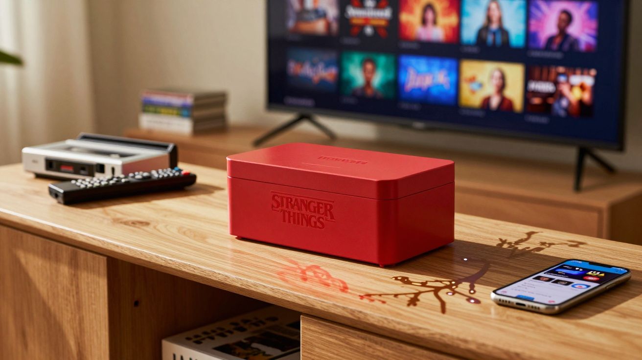 Caixa vermelha Stranger Things sobre mesa de madeira com controle remoto, telefone e TV ao fundo.
