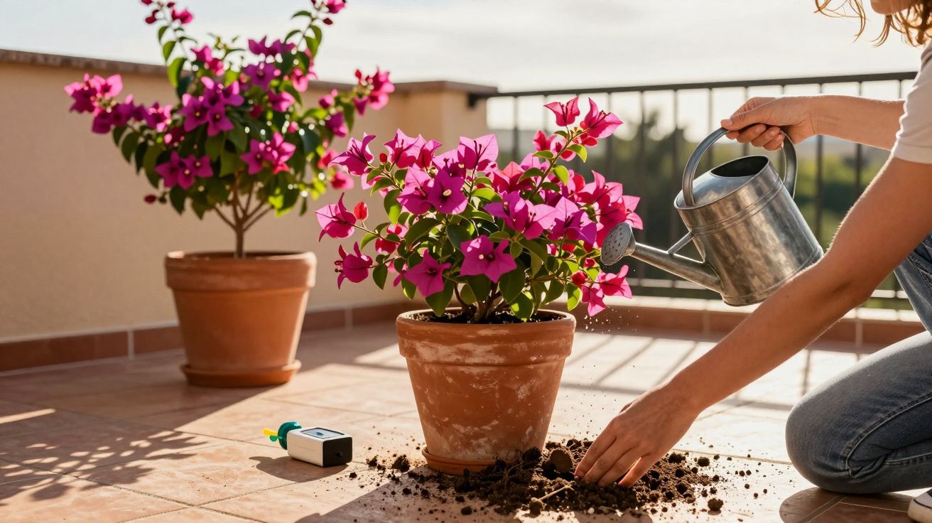 Pessoa regando planta florida rosa em vaso de barro em varanda ensolarada com terra espalhada no chão.