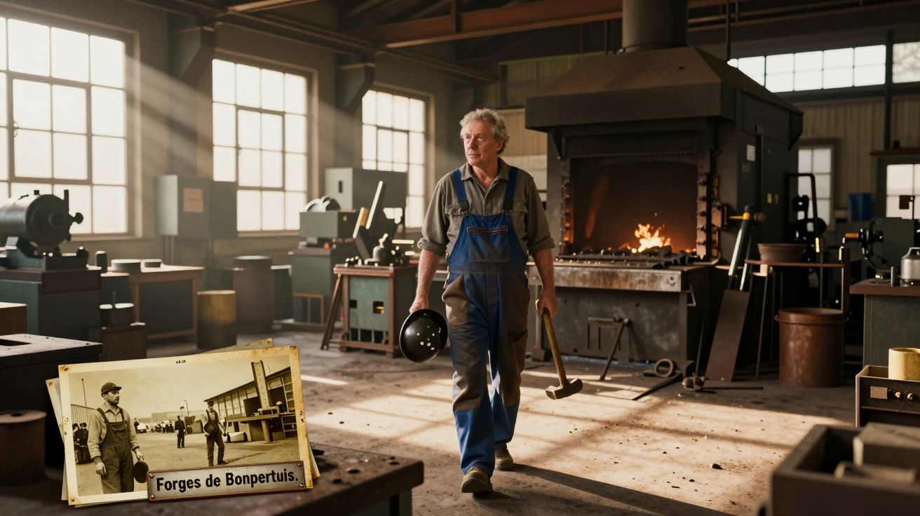 Ferreiro idoso de macacão com martelo e capacete em oficina de forja com fornalha acesa.