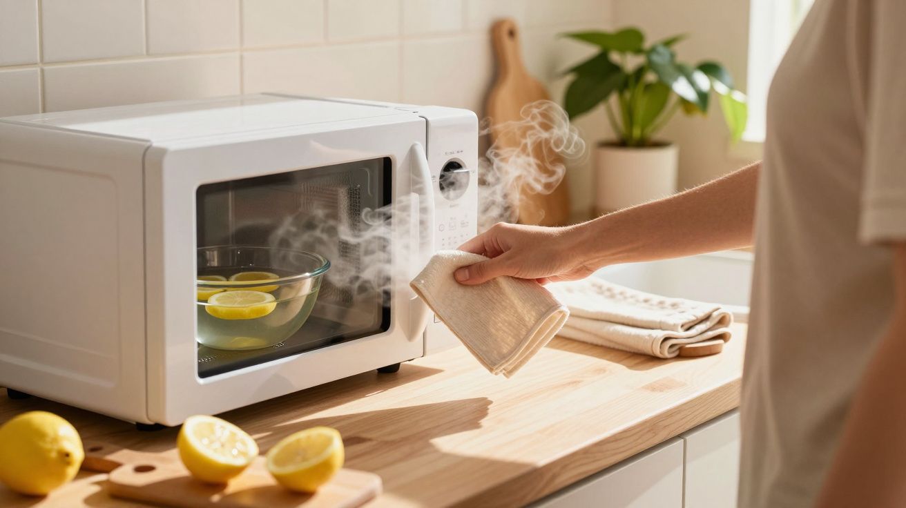 Mão retira tigela com limões aquecidos de micro-ondas em cozinha iluminada por luz natural.